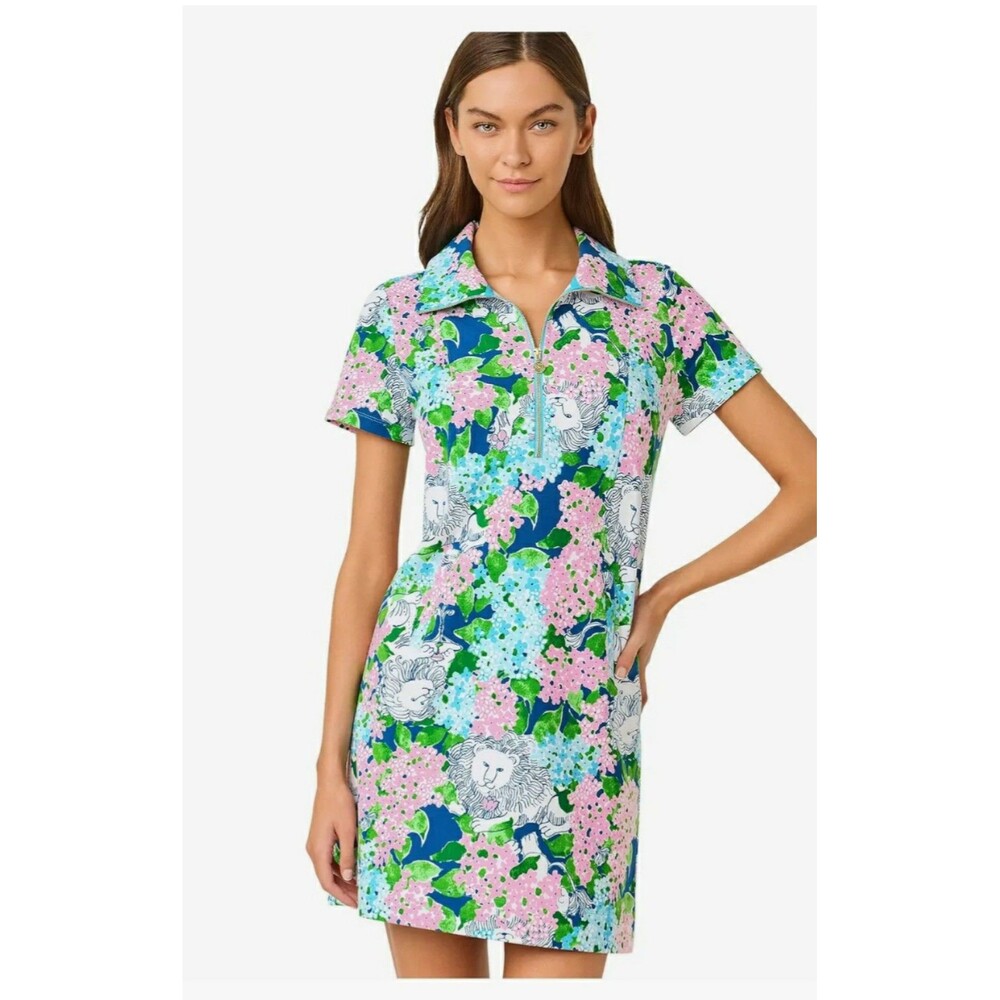 NWT Lilly Pulitzer Eleni UPF 50+ Dress "Starlight Navy Lydia The Lion" print Sml